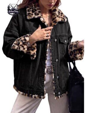 Reversible Leopard Fleece Denim Jacket Oversized Snap Button